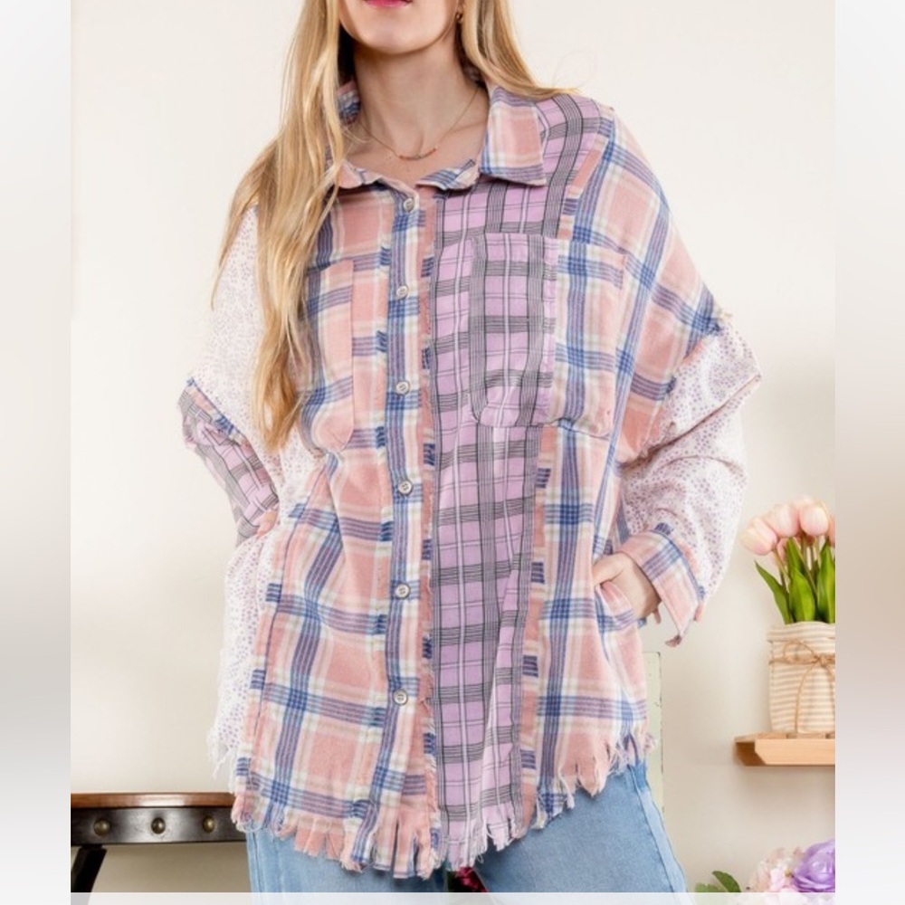 Blue Velvet - Button Down Color Block Shirt in Pink and Purple NWT - Picture 1 of 3